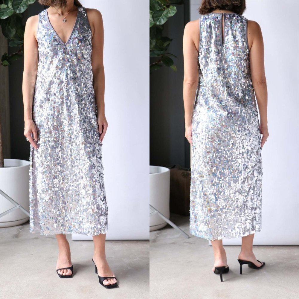 NWT Smythe Deep V Midi Dress in Silver Pailette